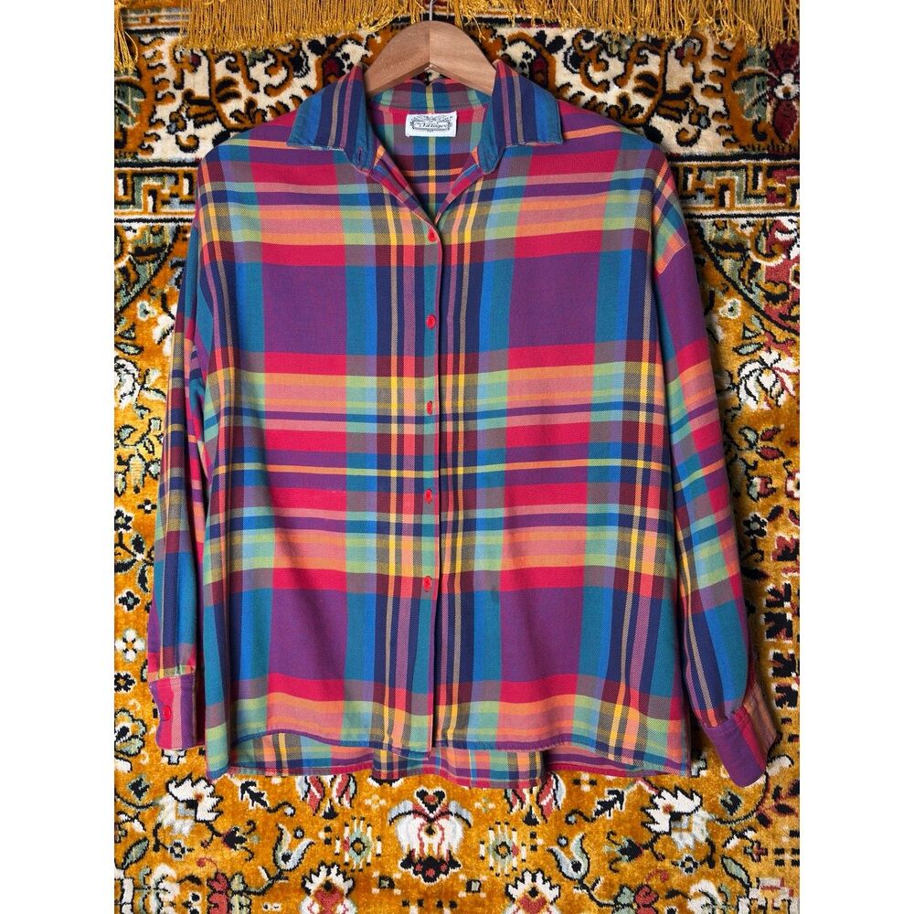80s VTG The Villager Oversized Colorful Plaid Flannel Shirt Soft Lived-In sz L